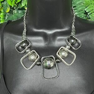 Silver Tone Geometric Bib Statement Necklace Chunky Industrial Link Chain 3817